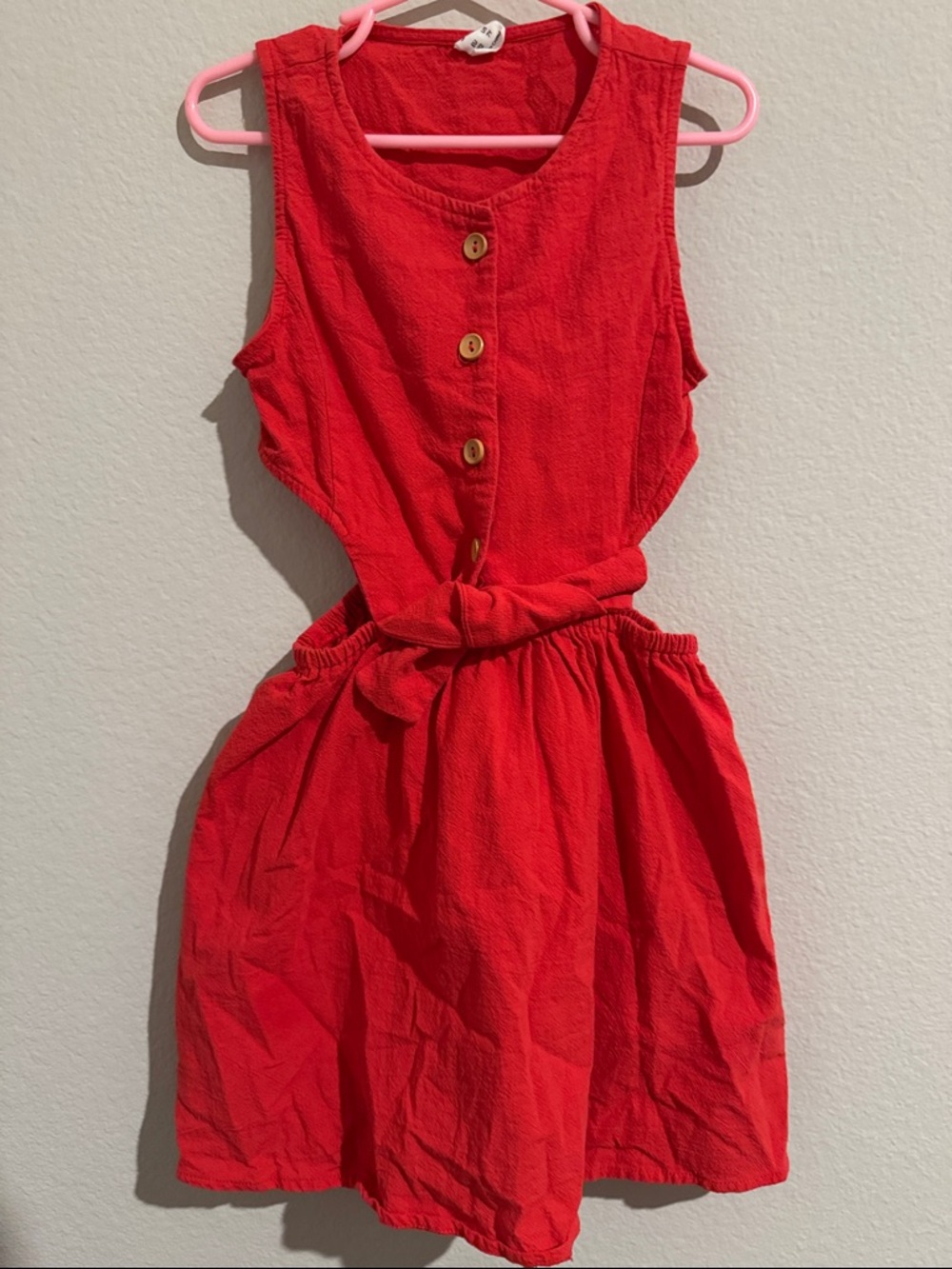 Girls' Red Sleeveless Button-Front Dress with Waist Tie
